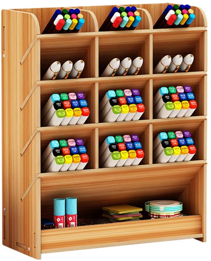 Hggzeg Wooden Pen Holder Storage Box, Multifunctional Desk Organiser Desk Tidy Pen Holder for Home Office and School (Cherry Color)
