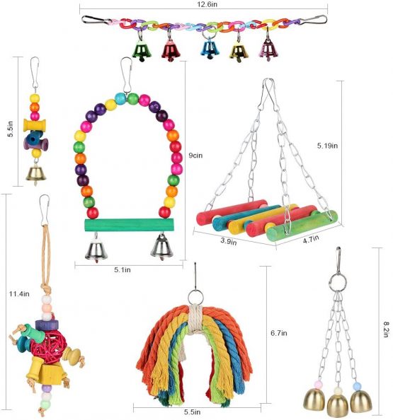 Bird Swing Toys for Chewing & Playing - YOUTHINK 7 Packs Colorful Natural Wooden Hammock Hanging Bell Fits for Parakeets , Parrots, Conures, Love Birds, Budgie, Budgerigars - Image 2