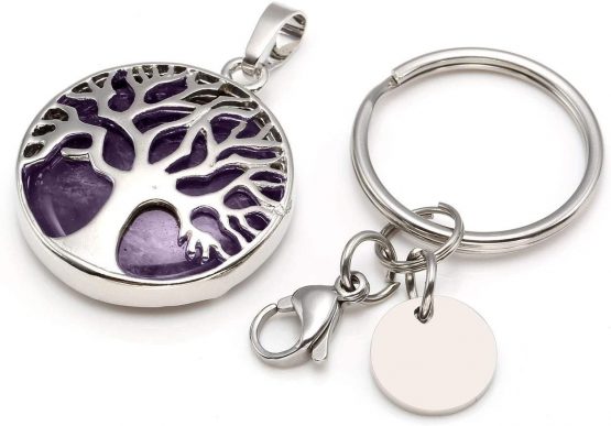 JOVIVI Silver Tree of Life Natural Amethyst Crystal Healing Reiki Chakra Gemstone Pendant Keyring Keychain Handmade DIY ID Tag Key Ring - Image 3