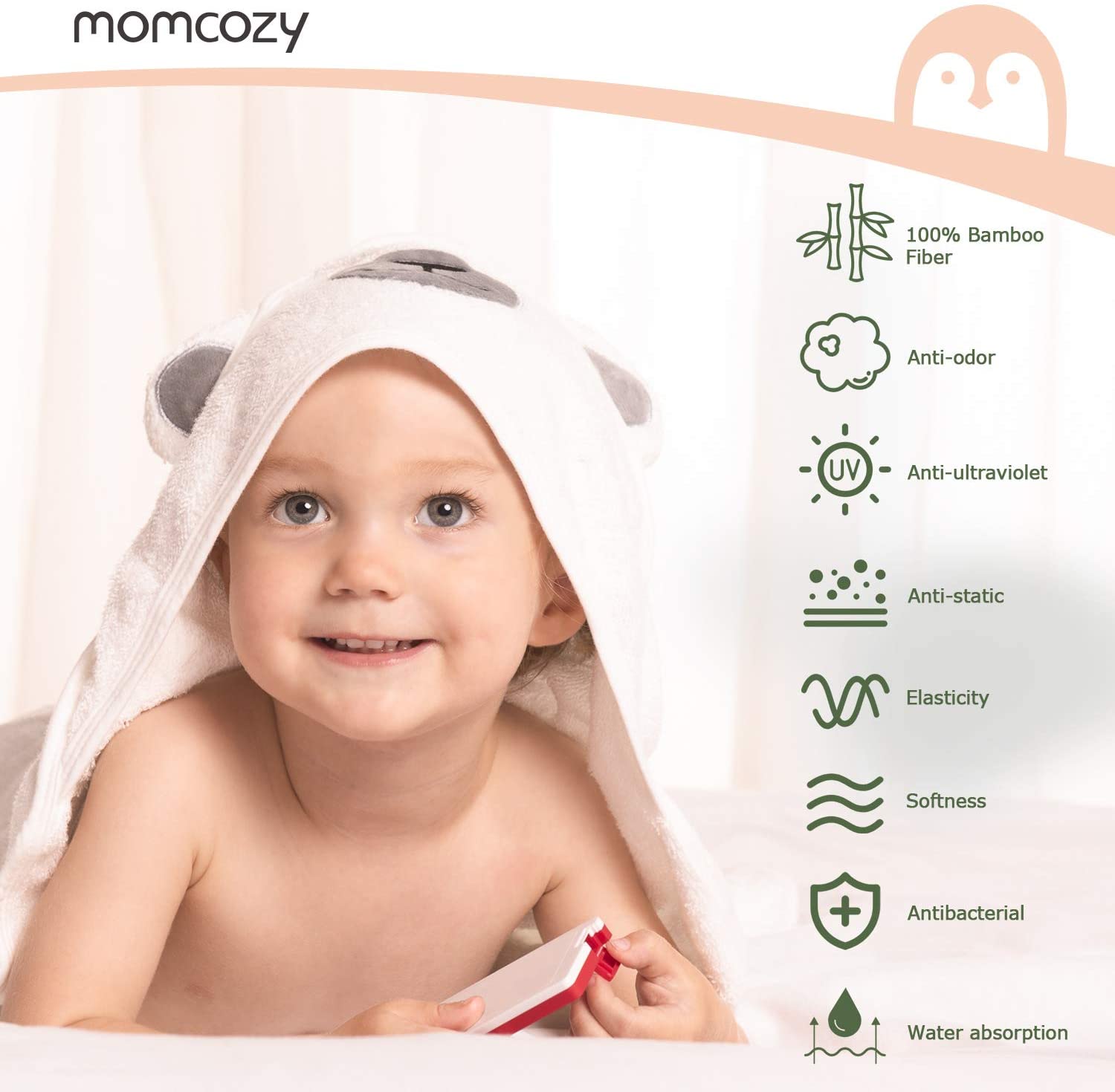 Momcozy Bamboo Baby Bath Towels Set 5 Packs, 1 * Baby Towels with Hood Newborn, 3 * Baby Washcloths, 1 * Baby Bath Glove - Image 3