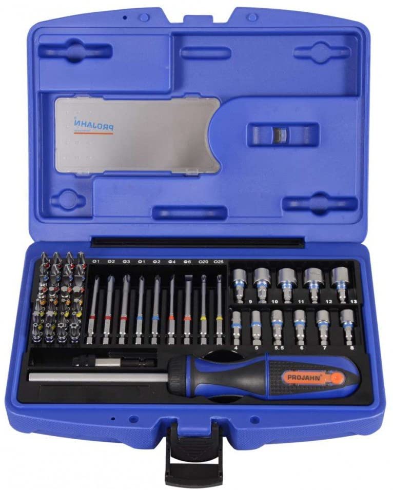 Projahn 4097 1/4-Inch Bit Box with Marked Bits Set of 60 Including Ratchet Screwdriver/with Compartment, Variety Pack