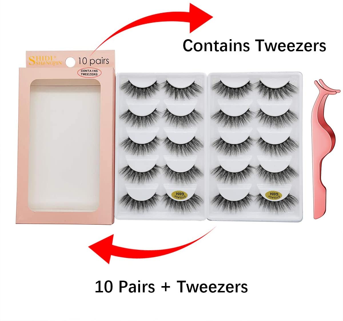 False Eyelashes 10 works 3D Mink Lashes Handmade Natural Thick Eyelashes Reusable Cruelty-Free Eyelash Set - Contains Tweezers (G604) - Image 2