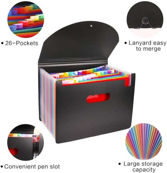 26 Pockets Expanding File Folder Organisers A4 Size, Plastic Filing Box Document Organiser, Expandable Filing Folders/Accordion Desk Files Expander, Portable Bills Storage Box with 3 A-Z Alphabet Tabs - Image 3