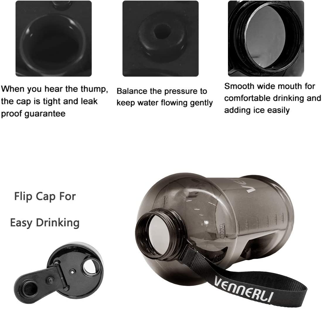 VENNERLI Half Gallon Water Bottle 100% Leak proof BPA Free 2.2L Reusable Durable big Water Gym Jug with Handle Flip Cap for Camping Sports Workouts Hiking Outdoors 2.2Litre (Black) - Image 4