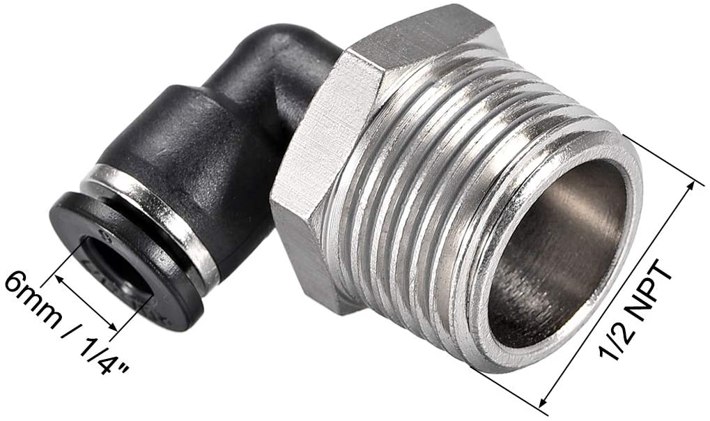 sourcing map Push to Connect Tube Fitting Male Elbow 6mm Tube OD x 1/2NPT Thread Pneumatic Air Push Fit Lock Fitting - Image 2