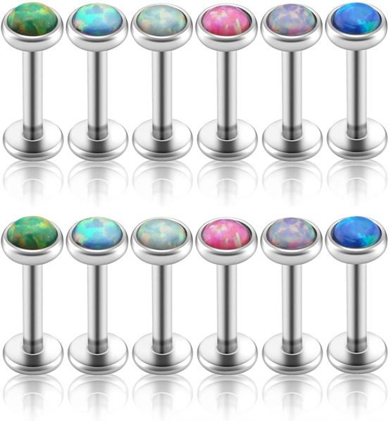 PiercingJ 2-12pcs 16G 316L Stainless Steel Cartilage Tragus Earrings 3mm Round Opal 5/16" Barbell Ear Stud Helix Lip Labret Monroe Earring Birthstone Body Piercing Jewelry