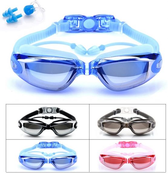 BEEWAY Swimming Goggles, Swim Goggles attached Ear Plugs for Adult Men Women And Kids 8+ - No Leaking, Anti Fog, UV Protection - Free Storage Case, Nose Clip and Earplugs