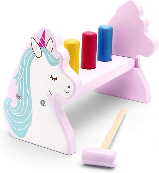 Mousehouse Children's Unicorn Wooden Pound A Peg Hammer and Peg Pounding Bench Toy