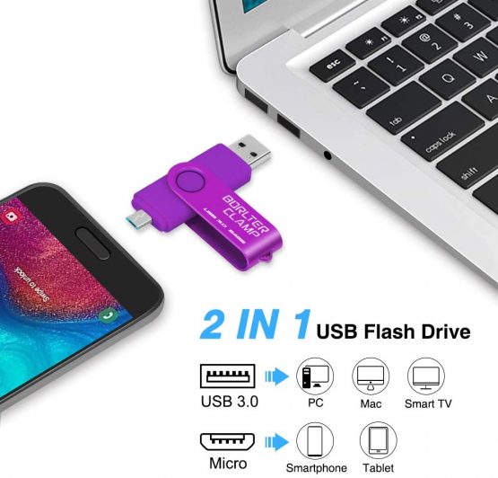 BorlterClamp 64GB Dual USB 3.0 Flash Drive OTG Memory Stick, Thumb Drive with Micro USB Drive Port for Android Smartphone Tablet & Computer (Purple) - Image 2