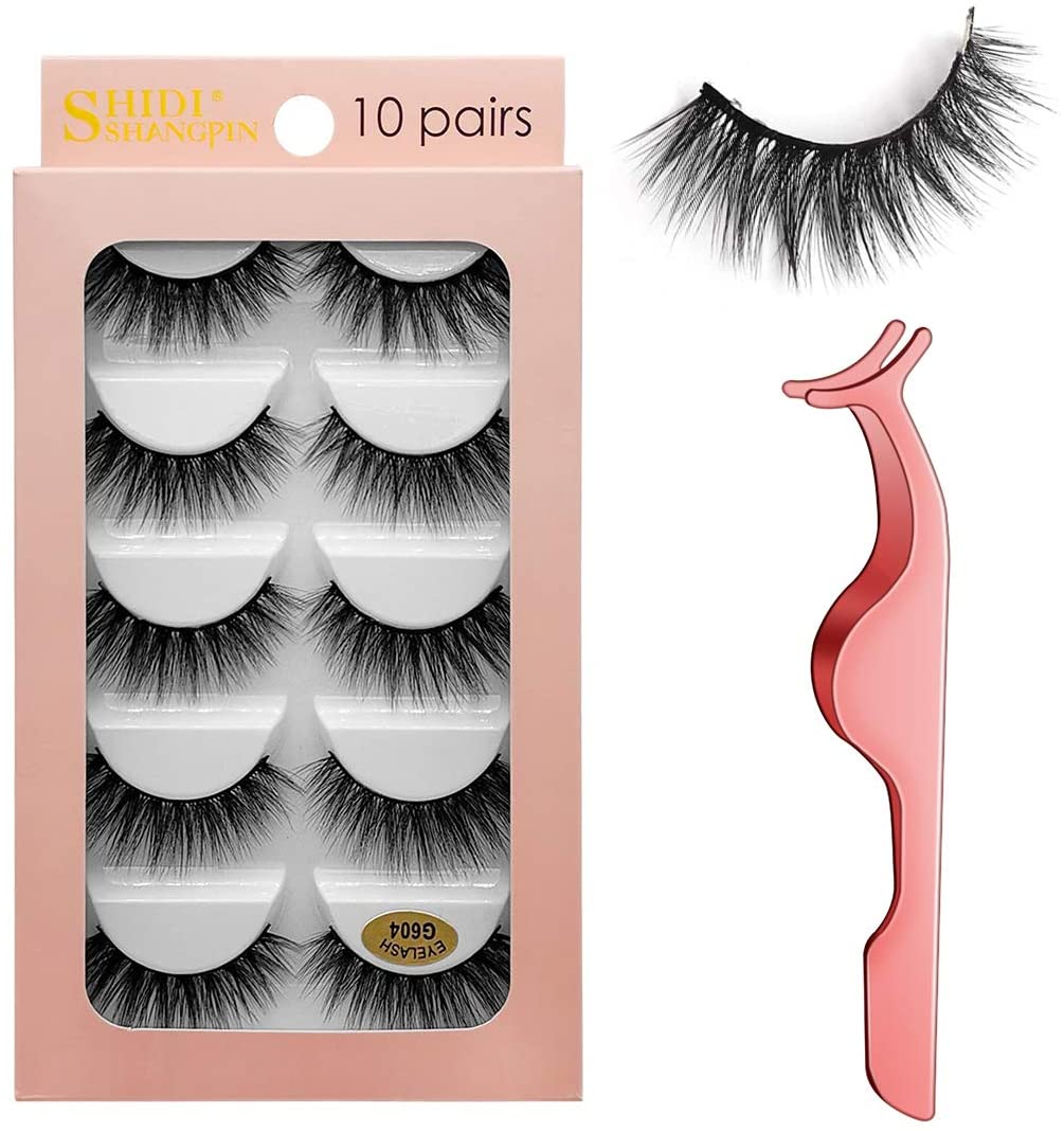 False Eyelashes 10 works 3D Mink Lashes Handmade Natural Thick Eyelashes Reusable Cruelty-Free Eyelash Set - Contains Tweezers (G604)