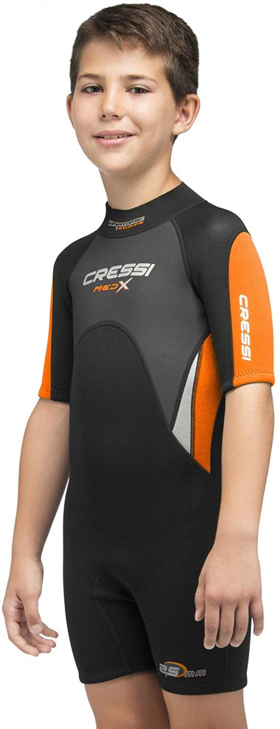 Cressi Med X Junior 2.5mm Childrens Neoprene Shorty Wetsuit, Black/Orange, 12/13 Years