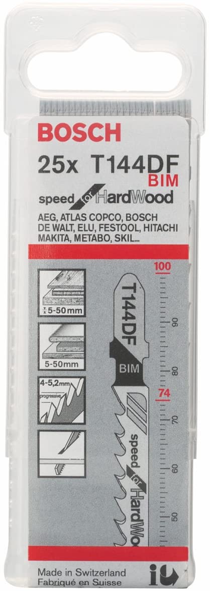 Bosch 25x PRO Hardwood Fast T144DF Jigsaw Blade (for Hardwood Chipboard, Length 100 mm, Professional Accessory Jigsaw)