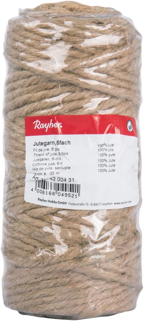 RAYHER Natural Jute Twine, 6 ply, 6 mm ø, 35 m length, Natural-coloured/ Beige, 0.9 x 0.9 x 0.94 cm