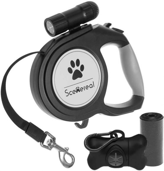 Scenereal Extendable dog lead - 26 FT Retractable Dog Lead - Heavy Duty Lead with LED Flash Light & Poop Bag Dispenser for up to 110 LB Medium Large Dogs Outdoor Walking & Training