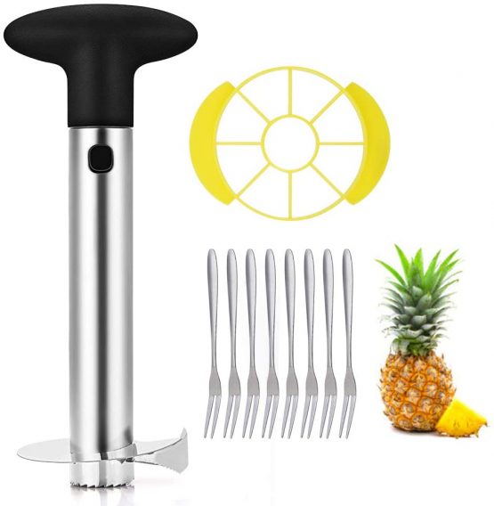 Pineapple Peeler and Corer Slicer Cutter, Stainless Steel 3-in-1 Pineapple Tools, One Detachable Wedge and 8 Fruit Forks as Bonus by OITUGG (Black)