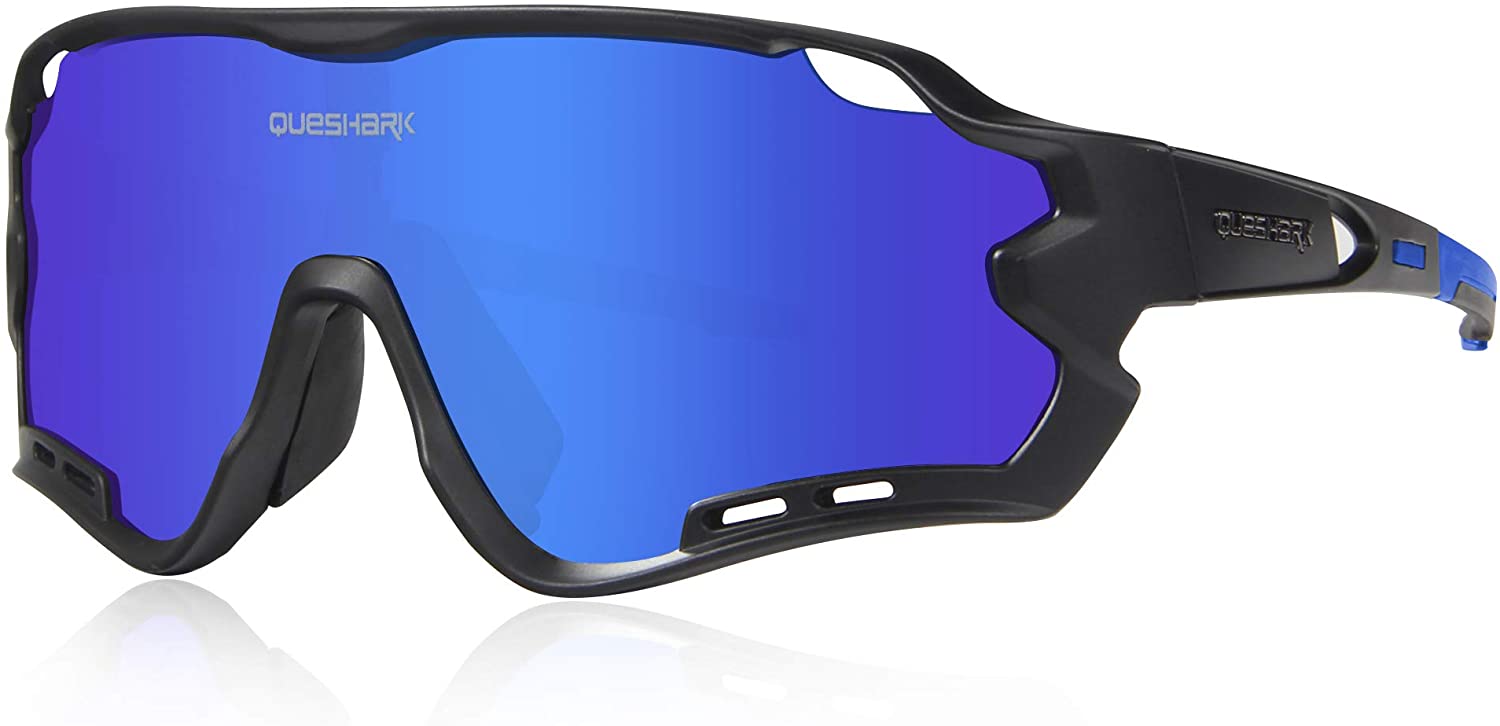 Queshark HD Polarized UV Protection Cycling Glasses Bike Eyewear For Road MTB Bike 4 Lens, Black Blue