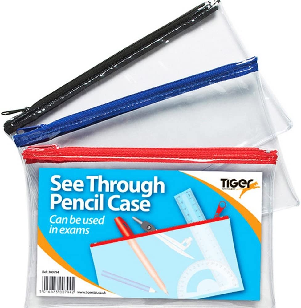Tiger Pencil case - Clear See Through - Long 33x13cm x 1 Single, Multicoloured, pack of 2