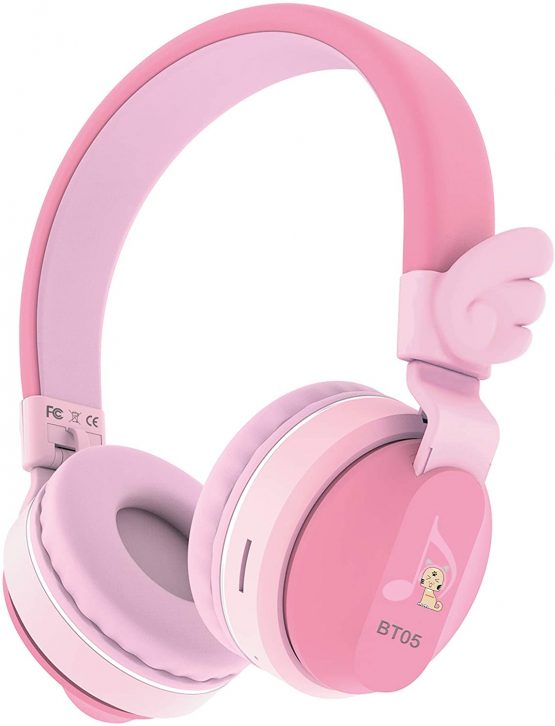 Headphones, Riwbox BT05 Wings Kids Headphones Wireless Bluetooth Over Ear 85dB/103db Volume Control Children Foldable Headphones with Mic/TF Card Compatible with Tablet/PC/Smartphone/School (Pink)