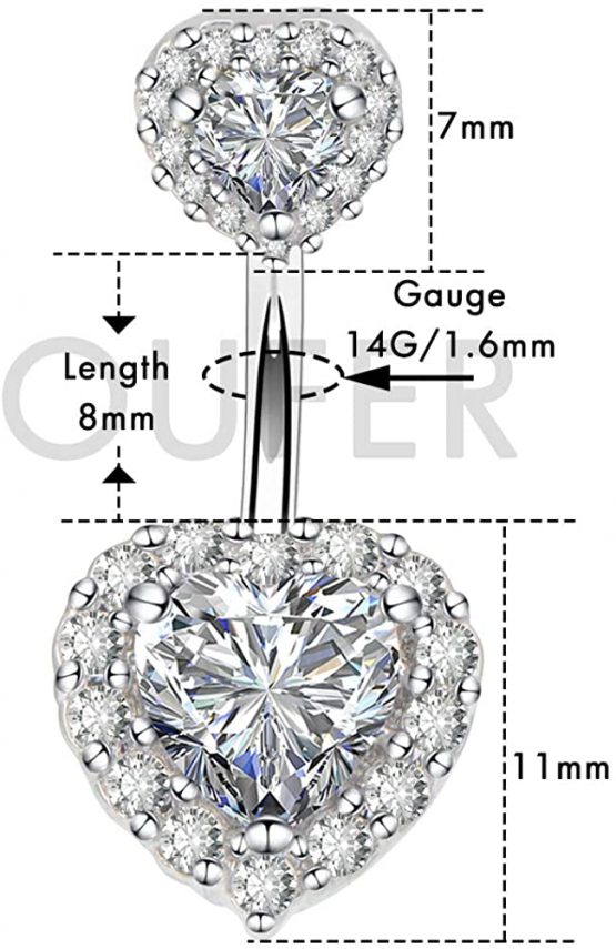 OUFER 14G Belly Bars 8/12/14mm Double Heart Cubic Zirconia Belly Button Ring 316L Surgical Steel Short Long Navle Piercings Body Jewellery Women Gifts - Image 2