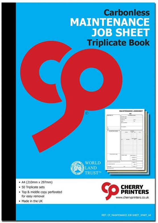 Cherry Carbonless NCR Maintenance Job Sheet Triplicate Book A4 50 Sets