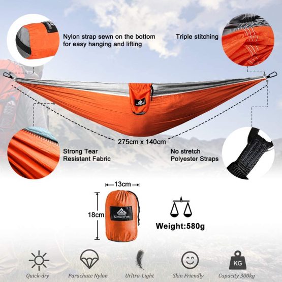 NATUREFUN Ultra-Light Travel Camping Hammock | 300kg Load Capacity,(275 x 140 cm) Breathable,Quick-drying Parachute Nylon | 2 x Premium Carabiners,2 x Nylon Slings Included | Outdoor Indoor Garden - Image 3