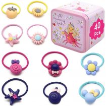 40 Pcs Toddler Girls Hair Accessories Hair Clips, XCOZU Cartoon Multicolor Kids Hair Ties Little Girl Hair Bands, Baby Girls Childrens Elastic Hair Ties Rope Ponytail Holder (Tin Box)