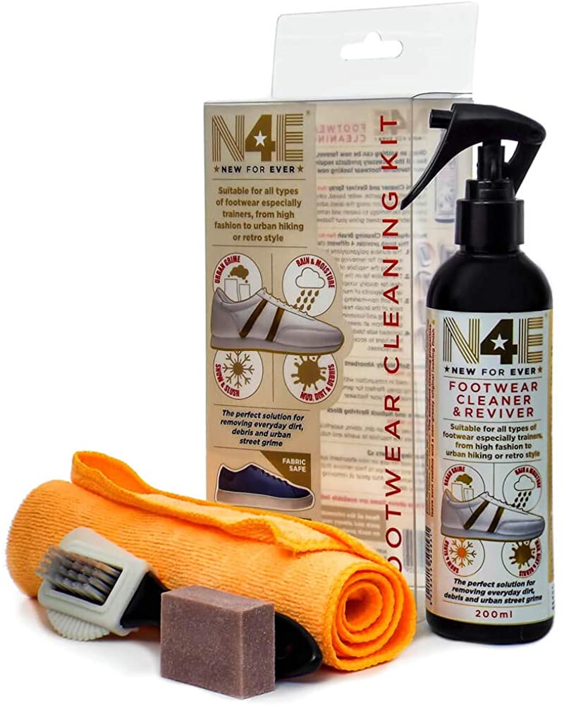 N4E Shoe Trainers Footwear Cleaner, Restorer & Reviver Care Cleaning Kit - Spray, Brush, Cloth, Block & Sachets