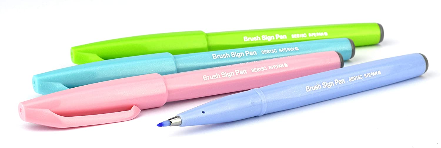 Pentel Brush Sign Pen SES15C-12 Fibre-Tip Pen 4 Blue grey, light green, azure blue, pale pink, 1 count (Pack of 4) - Image 2