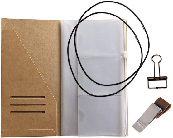 Standard Size Travelers Notebook Accessories Kit - Kraft File Folder, Zipper Case, Pen Holder, Binder Clip and 2 Elastic Bands