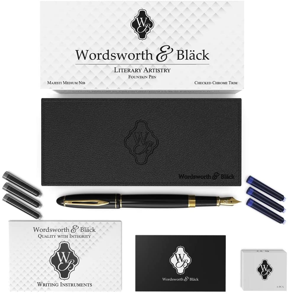 Wordsworth & Black Majesti Fountain Pen-(Black), Luxury Case, Gold Finish, 18K Gilded Medium Nib- Ink Cartridges - Image 3
