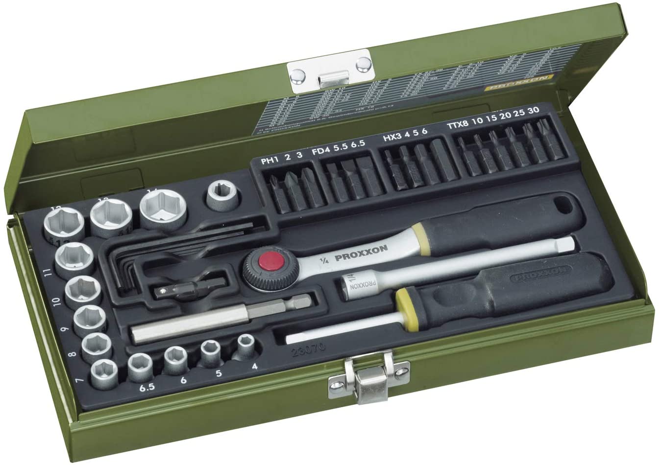 Proxxon 23070 Socket Set, 0 V, Multi-Colour, 1/4-Inch, Set of 39 Piece