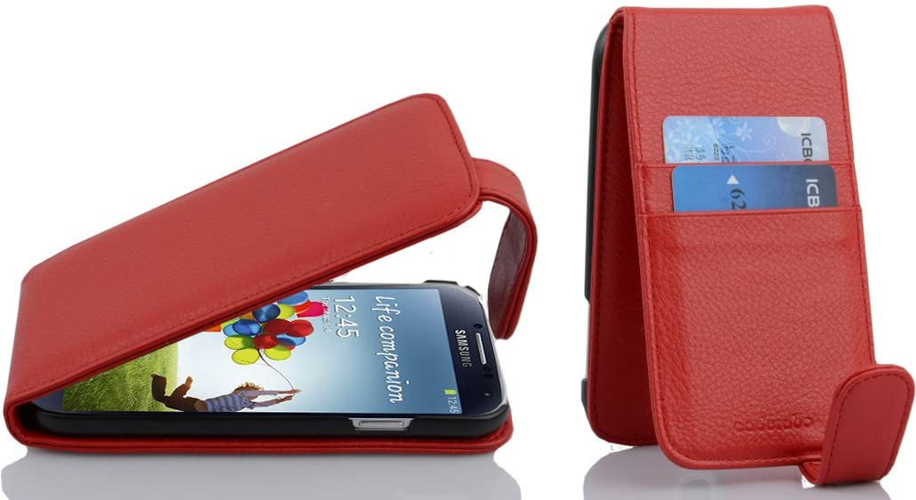 Cadorabo Case works with Samsung Galaxy S4 in CANDY APPLE RED - Flip Style Case made of Faux Leather with Card Slot - Wallet Etui Cover Pouch PU Leather Flip
