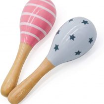 PREMYO Baby Rattle Maracas - Wooden Musical Instruments for Toddlers - Newborn Sensory Toys - Stripes Stars Grey Rose