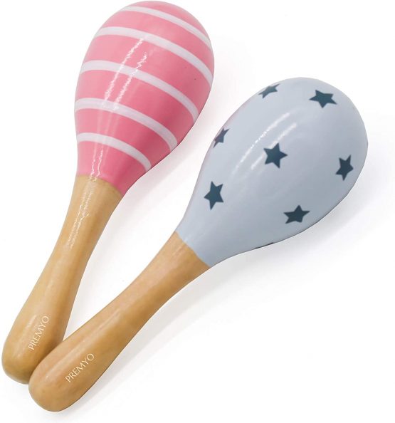 PREMYO Baby Rattle Maracas - Wooden Musical Instruments for Toddlers - Newborn Sensory Toys - Stripes Stars Grey Rose