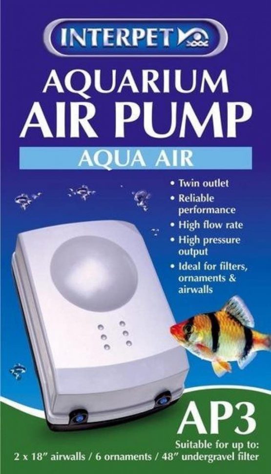 Interpet Aqua Air Oxygen Pump for Aquarium Fish Tank Aeration, Quiet, Powerful, 2 Outlets, AP3 for Aquariums 101-150 Litre