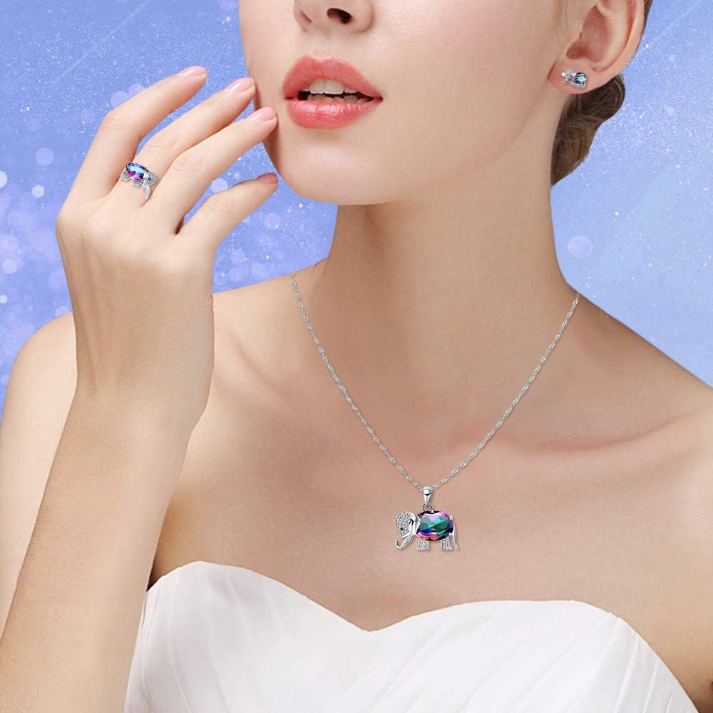 Uloveido Women's Elephant Shape Simulated Rainbow Topaz Silver Color Chain Necklace Studs Clip On Earrings Halo Cocktail Ring Wedding Jewelry Set for Girls T485 - Image 2
