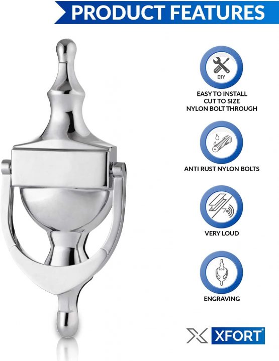 XFORT® Door Knocker Polished Chrome, Victorian Urn Door Knockers for Front Door, Elegant Front Door Furniture with a Classic Period Design, Perfect for Alerting You of Visitors to Your Home - Image 4