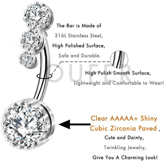 OUFER 14G Belly Bars 8/12/14mm Clear CZ Belly Rings Navel Rings 316L Surgical Steel Belly Piercing Jewellery Women Gift - Image 3