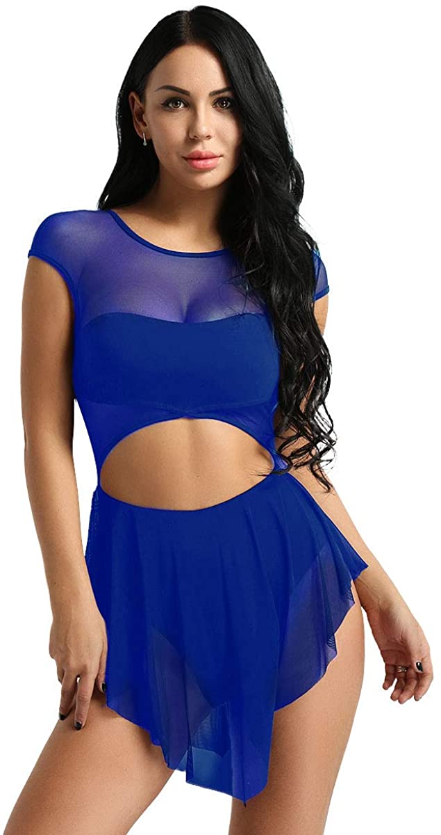 ranrann Women's Lyrical Ballet Dance Sleeveless Asymmetrical Sheer Mesh Modern Dancing Dress Blue XS - Image 2