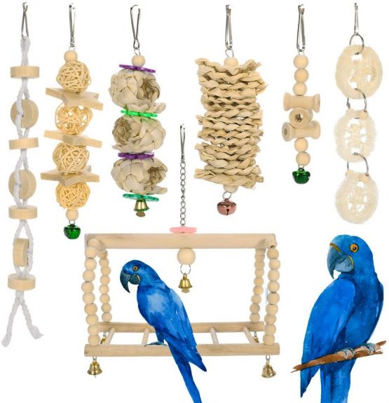 Yorgewd 7 Pack Bird Toys, Natural Wood Small Bird Cage Toys Small Parrot Swing Chewing Toys for Budgies, Small Parakeets, Conures, Love Birds, Cockatiel, Finches