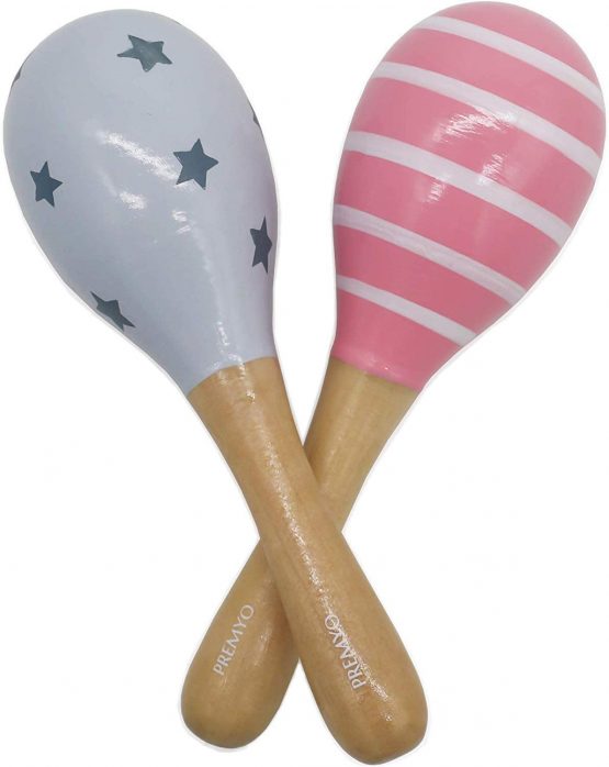 PREMYO Baby Rattle Maracas - Wooden Musical Instruments for Toddlers - Newborn Sensory Toys - Stripes Stars Grey Rose - Image 2