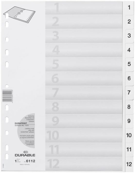 Durable 1-12 Polypropylene Index Dividers | A4 Portrait Full Covering | Pack of 1 Dividers | White | Made in Germany - Image 2