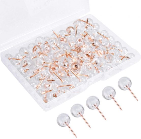 Fodlon Push Pins, 100pcs Drawing Pins Clear Map Pins for Notice Board Thumb Tacks Cork Board Pins Push Pins for Cork Board World Map Pin Board Pin Board for Bedrooms Cork Notice Board, Rose Gold