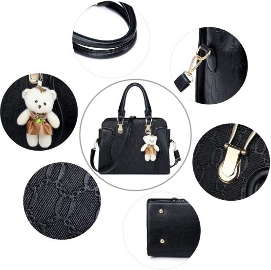MORGLOVE New Fashion Women PU Leather Handbag Messenger Bag Shoulder Bag Tote Bag Bear Key Chain Card Purse in Black （4 Pcs Set） - Image 2