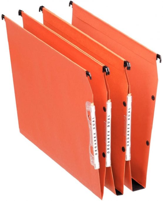 Esselte Dual Lateral Suspension Files, A4, 50mm Capacity, Pack of 25 Connectable Files, Tabs Included, Orange, Orgarex Range, 21630