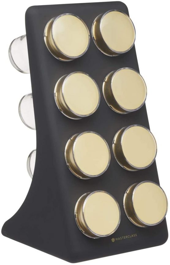 MasterClass Herb and Spice Rack Set with 8 Brass Finish Lidded Jars and Gift Box, Black Effect, 9 Piece