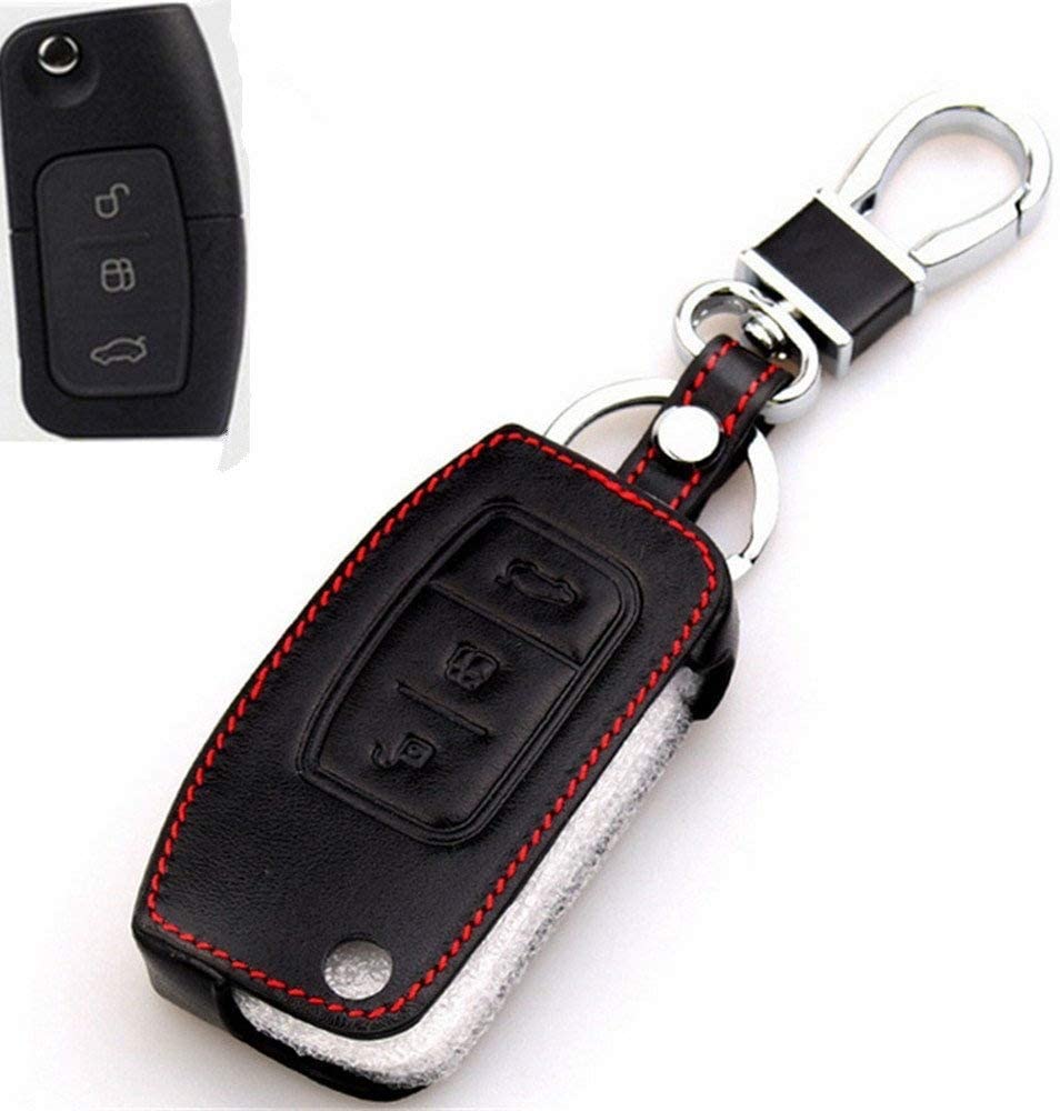 Happyit Leather Car Fold Key Cover Cases for Ford New Fiesta Ecosport Focus 2 MK2 3 Buttons with Keychain (Black)
