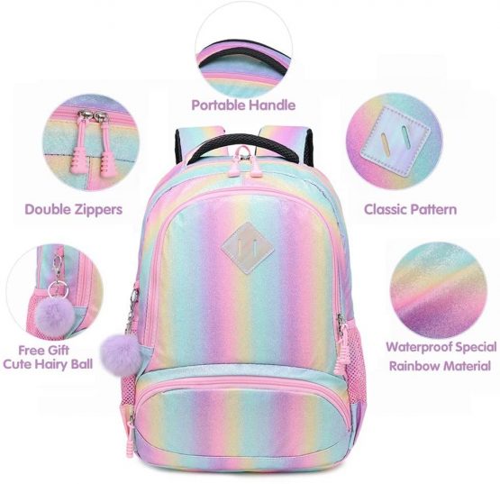 Girls Rainbow Glitter Backpack - Cute Kids Preschool Backpack Lightweight Travel Backpack Lovely Casual Daypack Gift for Girls (Rainbow) - Image 2