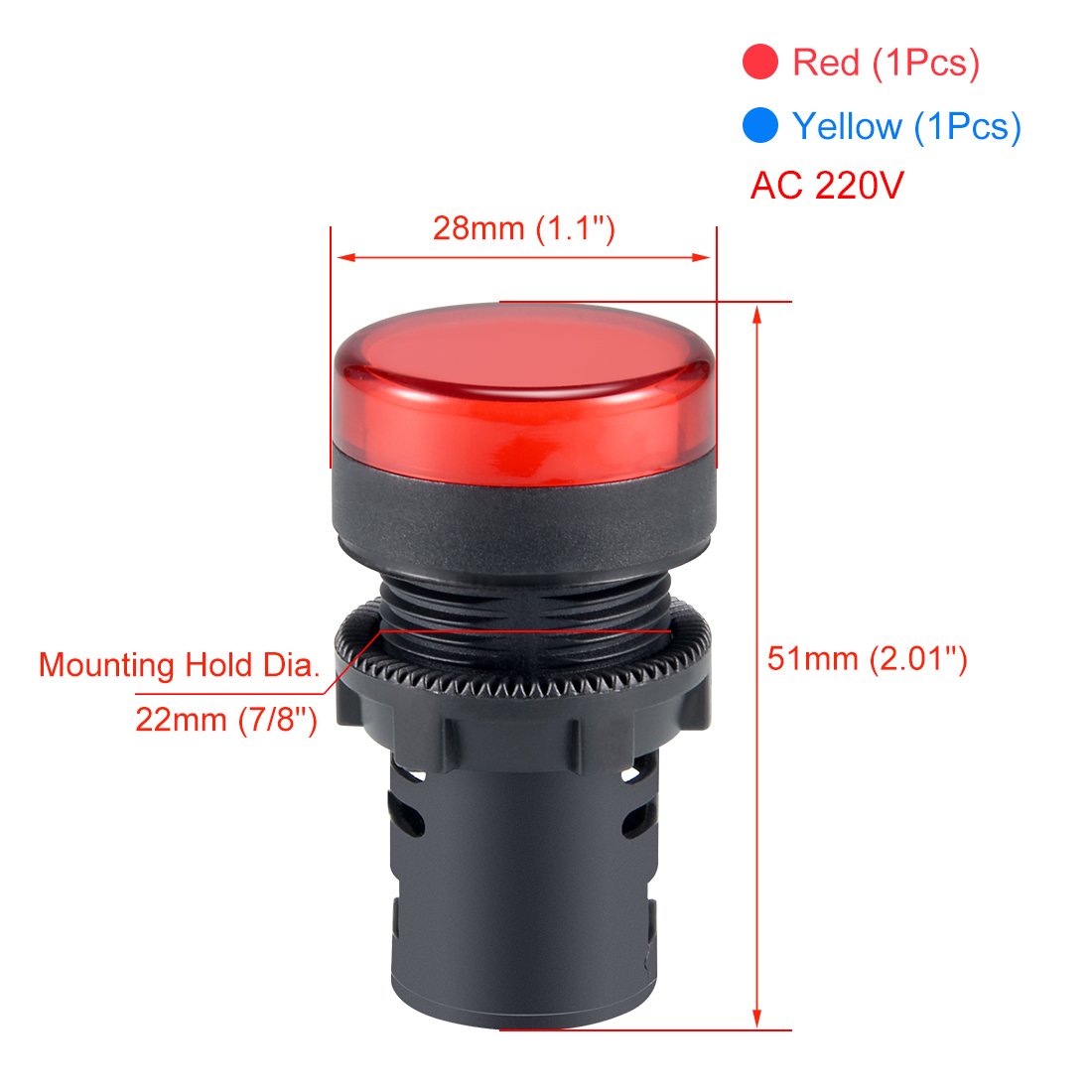 sourcing map 2Pcs AC 220V Indicator Lights, Red+Blue LED, Flush Panel Mount 7/8" 22mm, Blue,red - Image 2