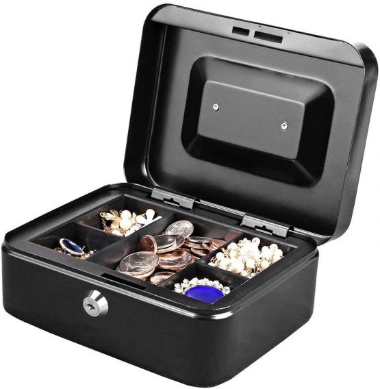 Cash Box with Money Tray, Metal Locking Money Box with Key Lock for Security, 7 4/5" x 6 4/5" x 3 3/5", Black - Image 2